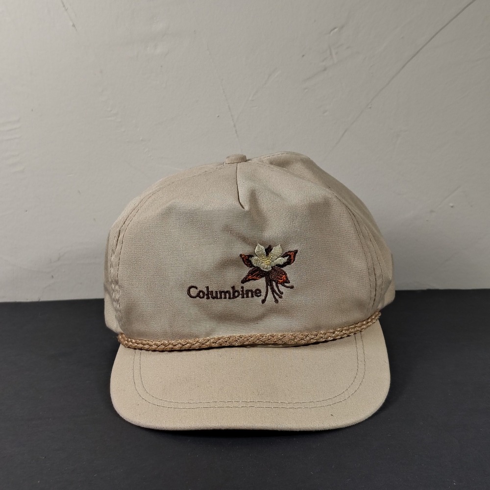 VINTAGE Imperial Headwear Hat Cap Strap Back Tan Columbine Flower Logo Mens